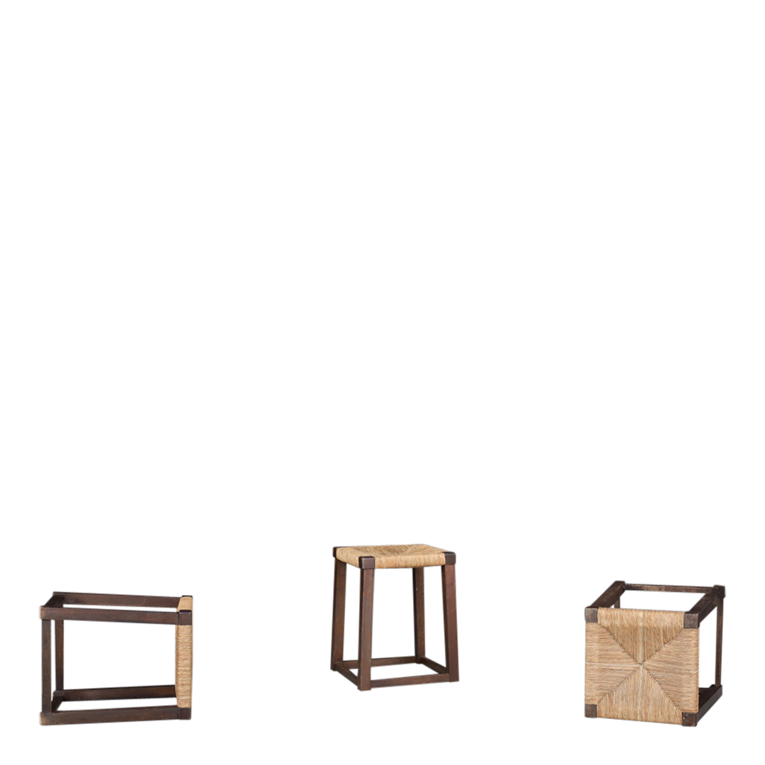 1950s French : square-form provincial oakwood stool w/rush seating