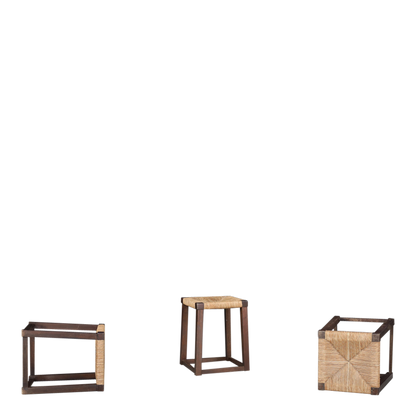 1950s French : square-form provincial oakwood stool w/rush seating