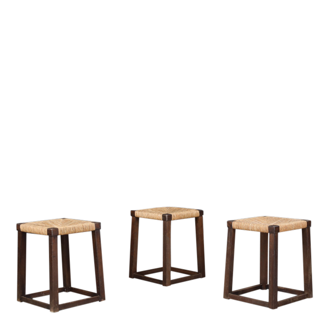 1950s French : square-form provincial oakwood stool w/rush seating