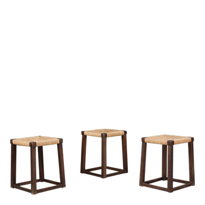 1950s French : square-form provincial oakwood stool w/rush seating