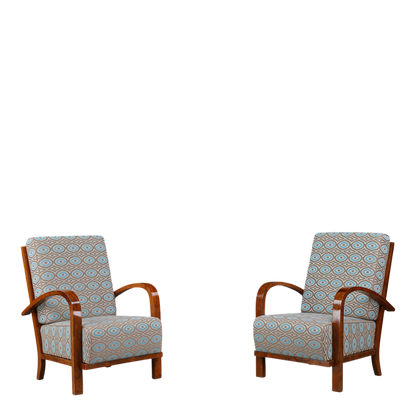 1930s Czech : pair exceptional polished walnut Art Deco armchairs