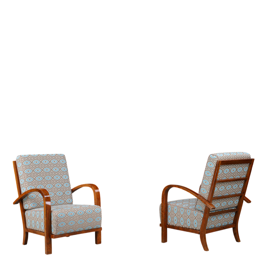 1930s Czech : pair exceptional polished walnut Art Deco armchairs