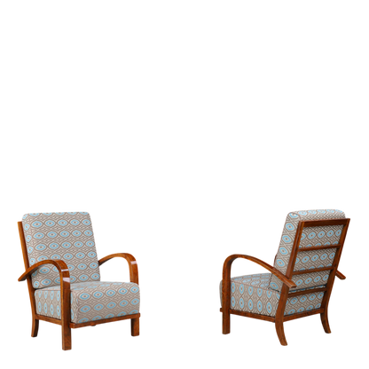 1930s Czech : pair exceptional polished walnut Art Deco armchairs