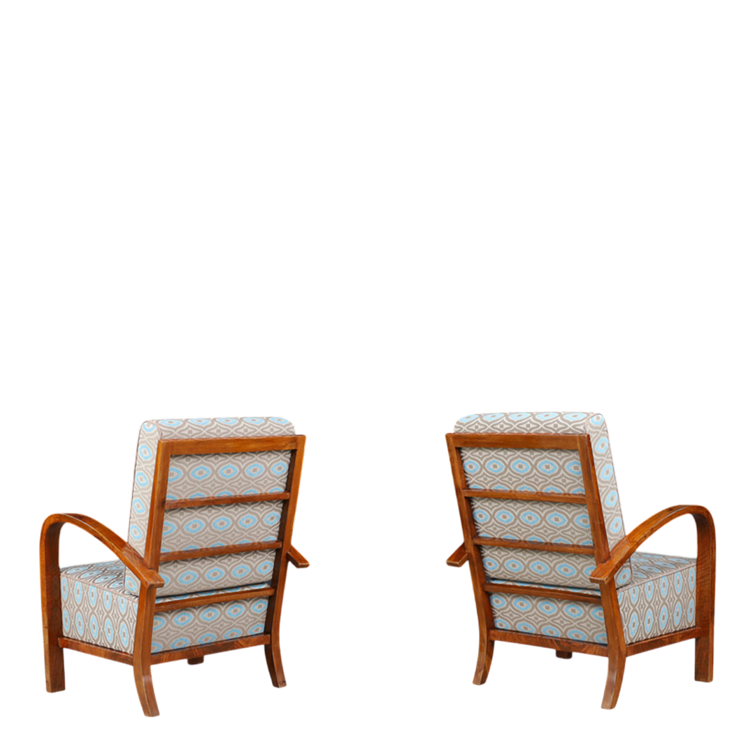 1930s Czech : pair exceptional polished walnut Art Deco armchairs