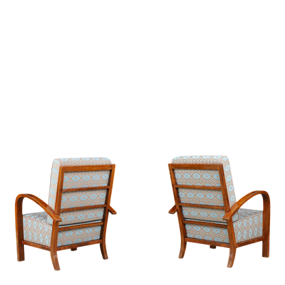 1930s Czech : pair exceptional polished walnut Art Deco armchairs