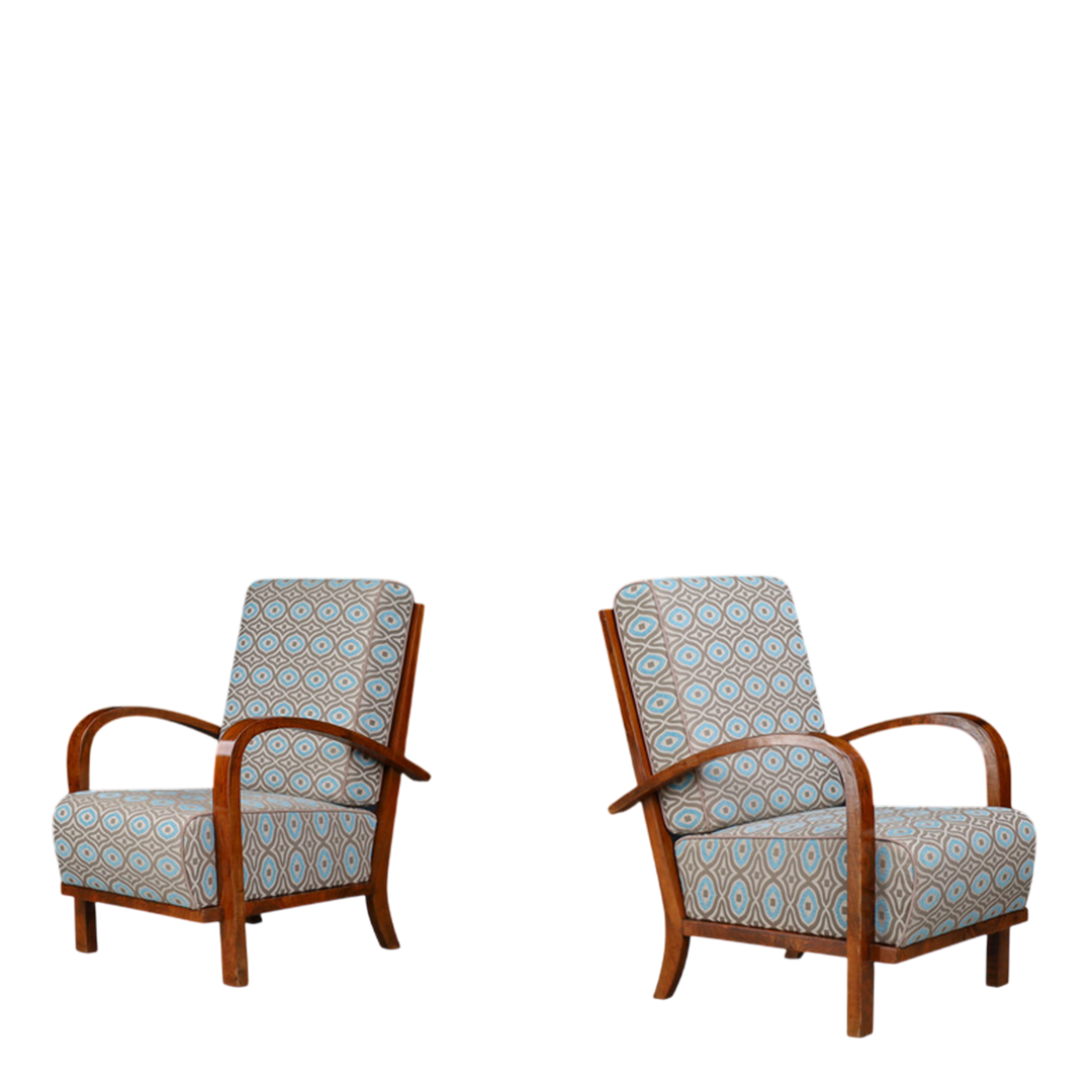 1930s Czech : pair exceptional polished walnut Art Deco armchairs