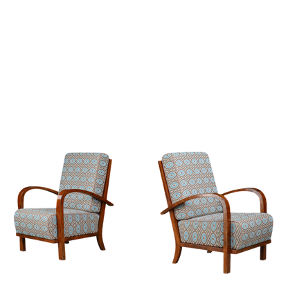 1930s Czech : pair exceptional polished walnut Art Deco armchairs