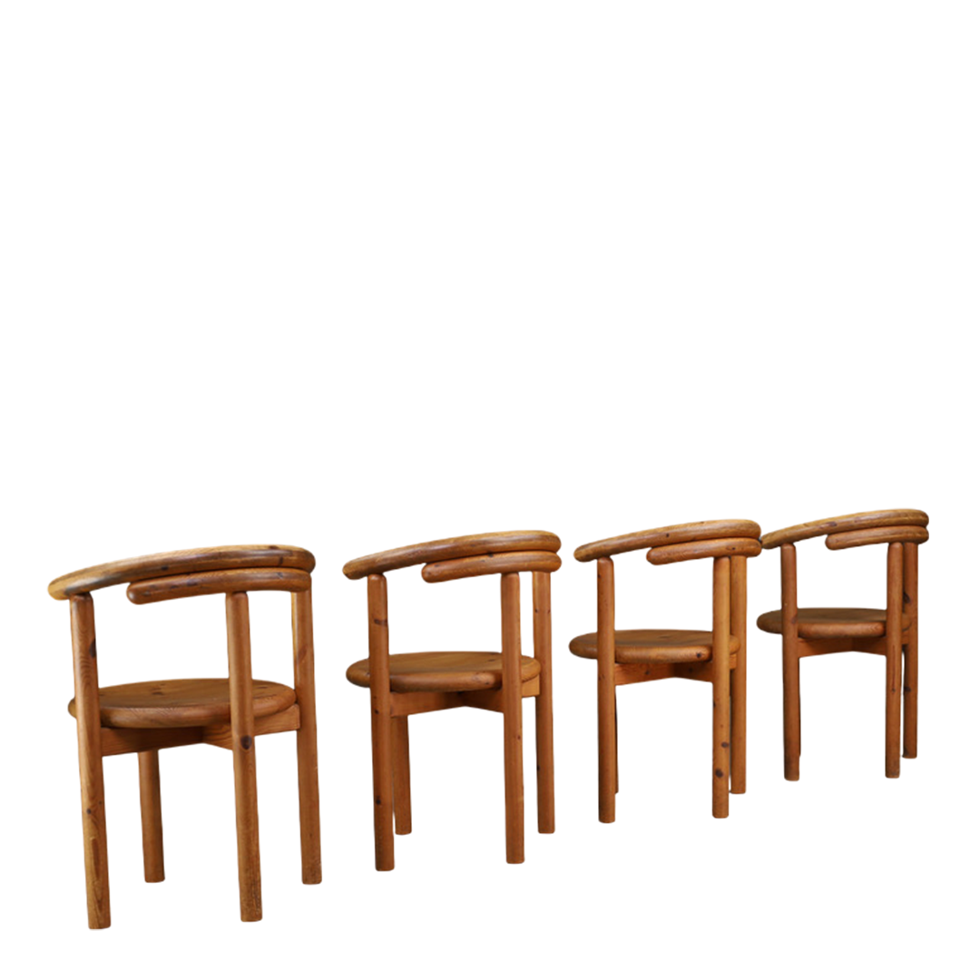 1970s Daumiller Style : set of eight solid pinewood dining chairs