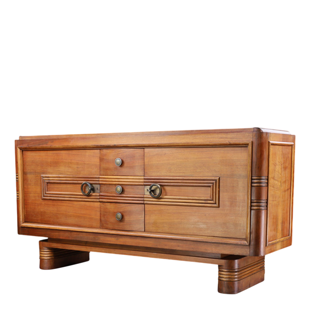 c1940 French : transitional "Style Paquebot" 78" walnut sideboard
