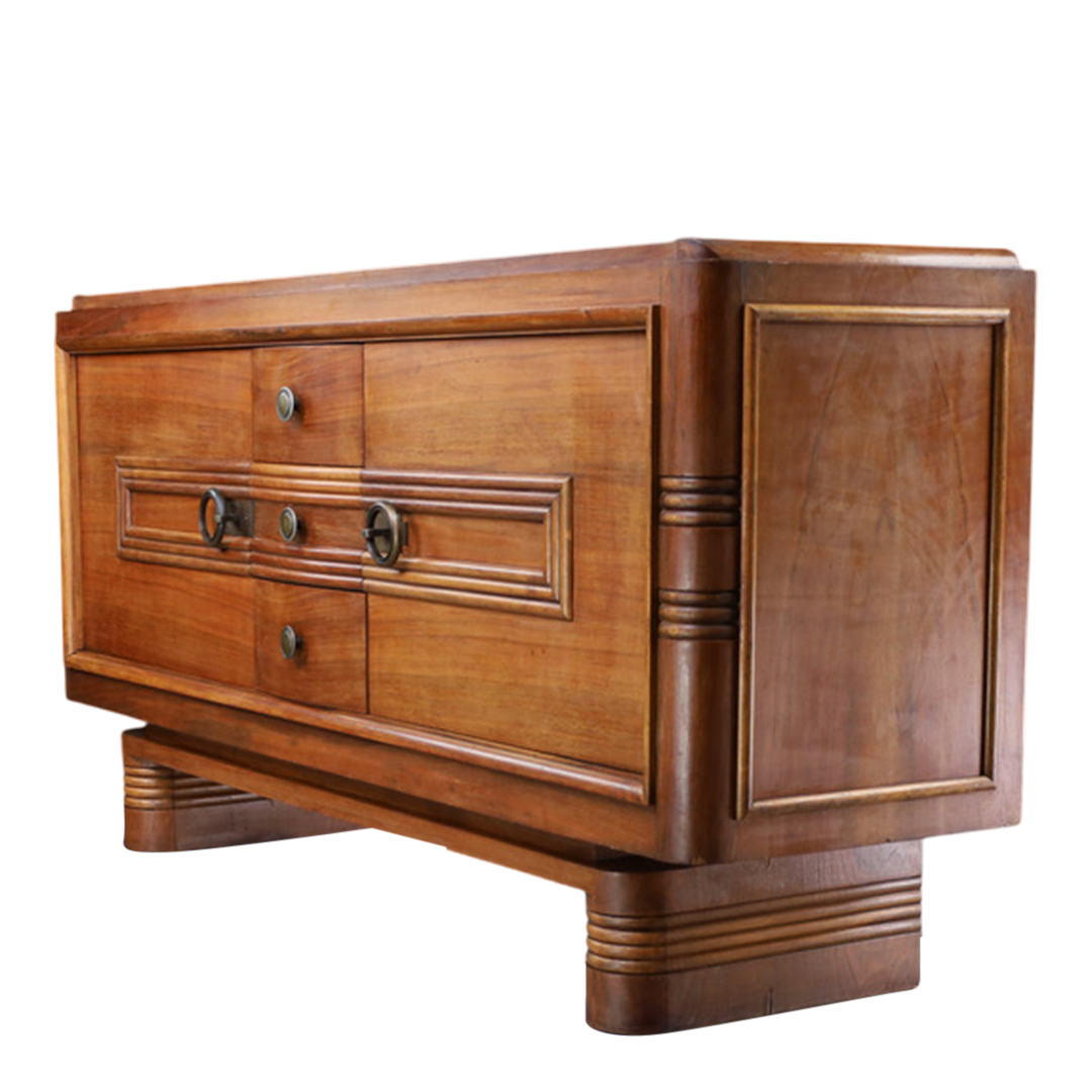 c1940 French : transitional "Style Paquebot" 78" walnut sideboard