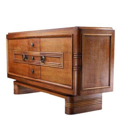 c1940 French : transitional "Style Paquebot" 78" walnut sideboard