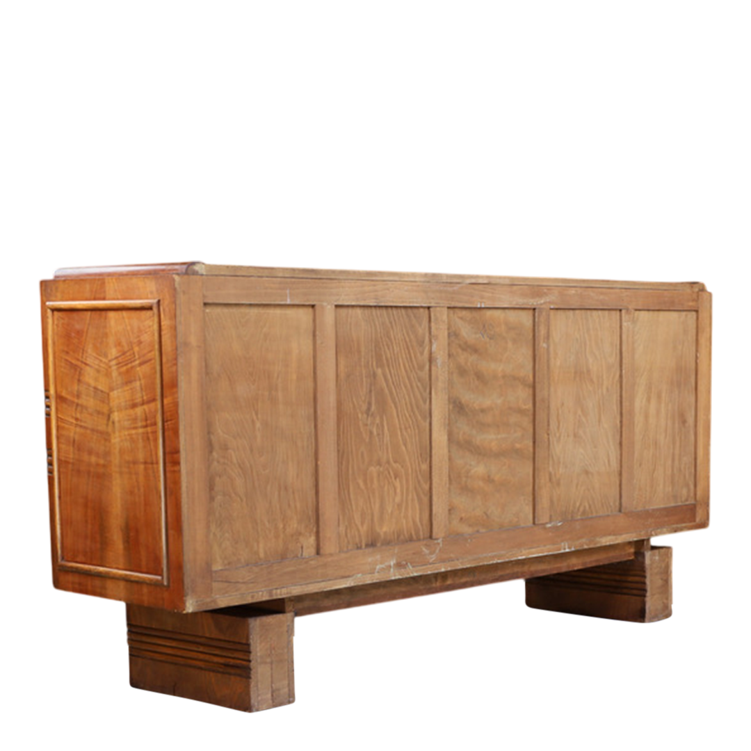 c1940 French : transitional "Style Paquebot" 78" walnut sideboard