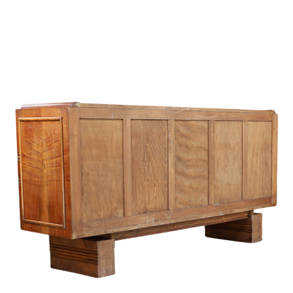 c1940 French : transitional "Style Paquebot" 78" walnut sideboard