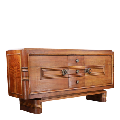 c1940 French : transitional "Style Paquebot" 78" walnut sideboard