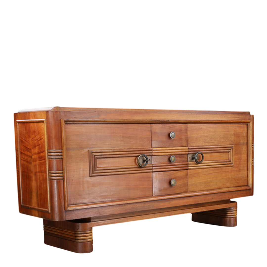c1940 French : transitional "Style Paquebot" 78" walnut sideboard
