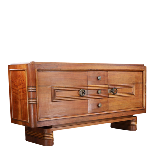 c1940 French : transitional "Style Paquebot" 78" walnut sideboard