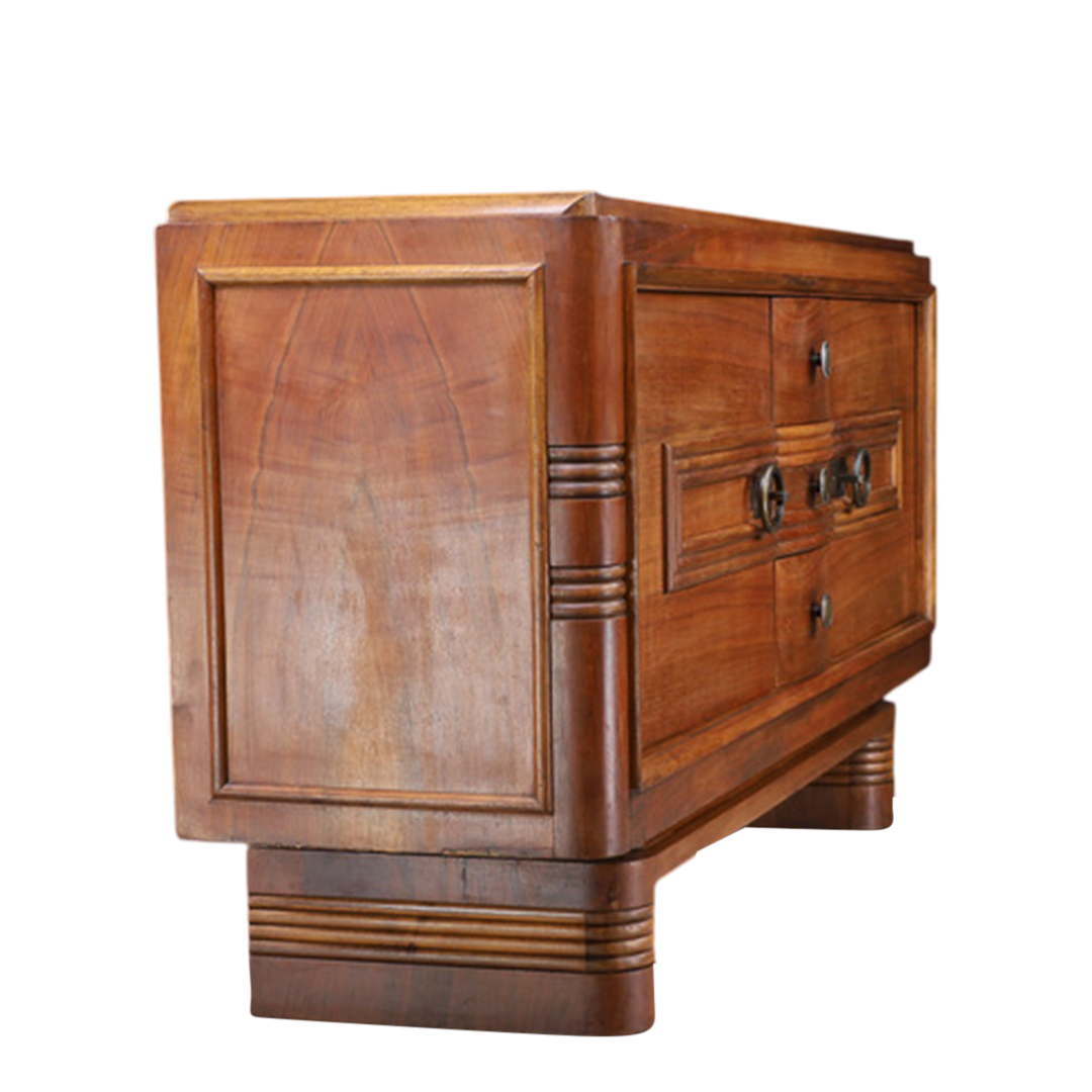 c1940 French : transitional "Style Paquebot" 78" walnut sideboard