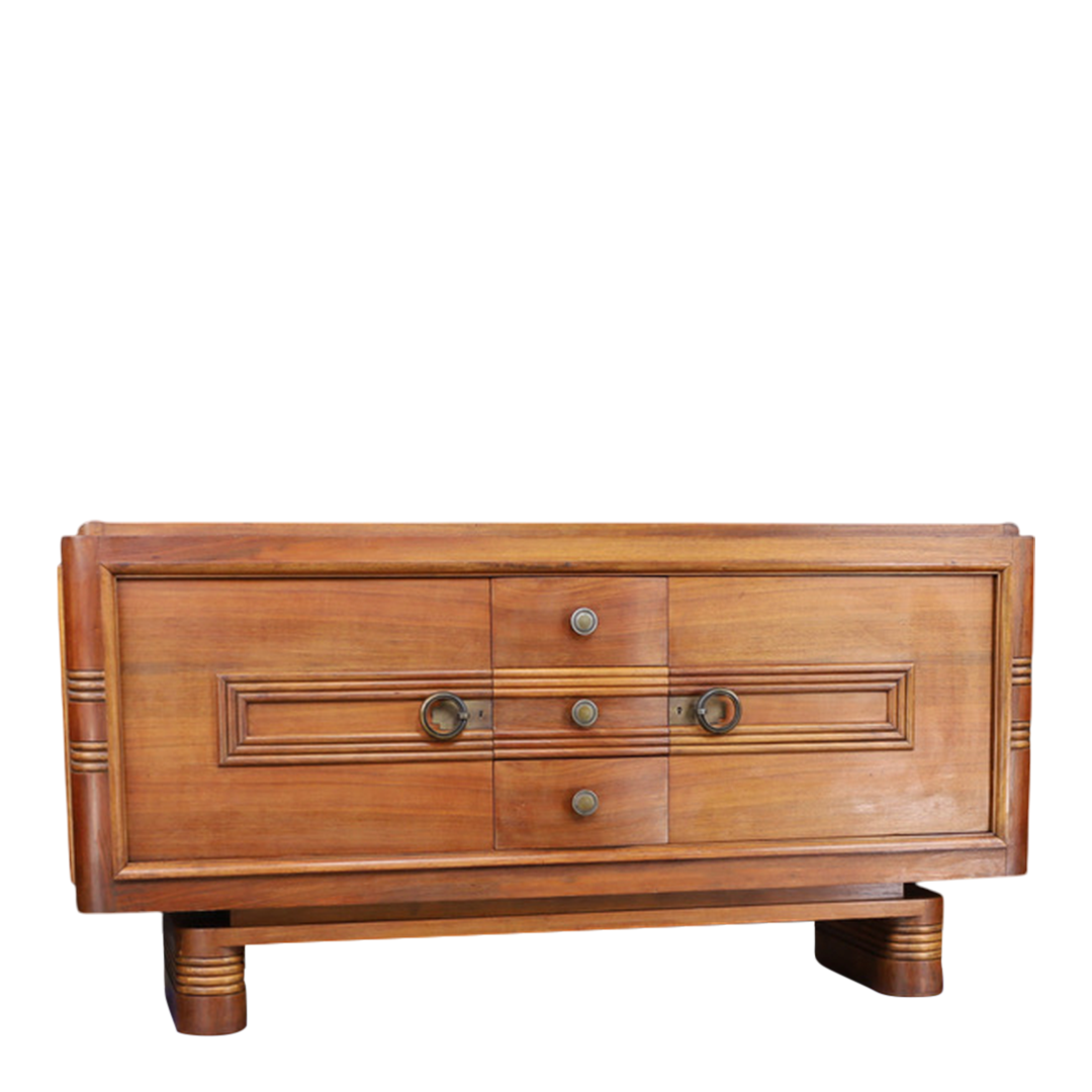 c1940 French : transitional "Style Paquebot" 78" walnut sideboard