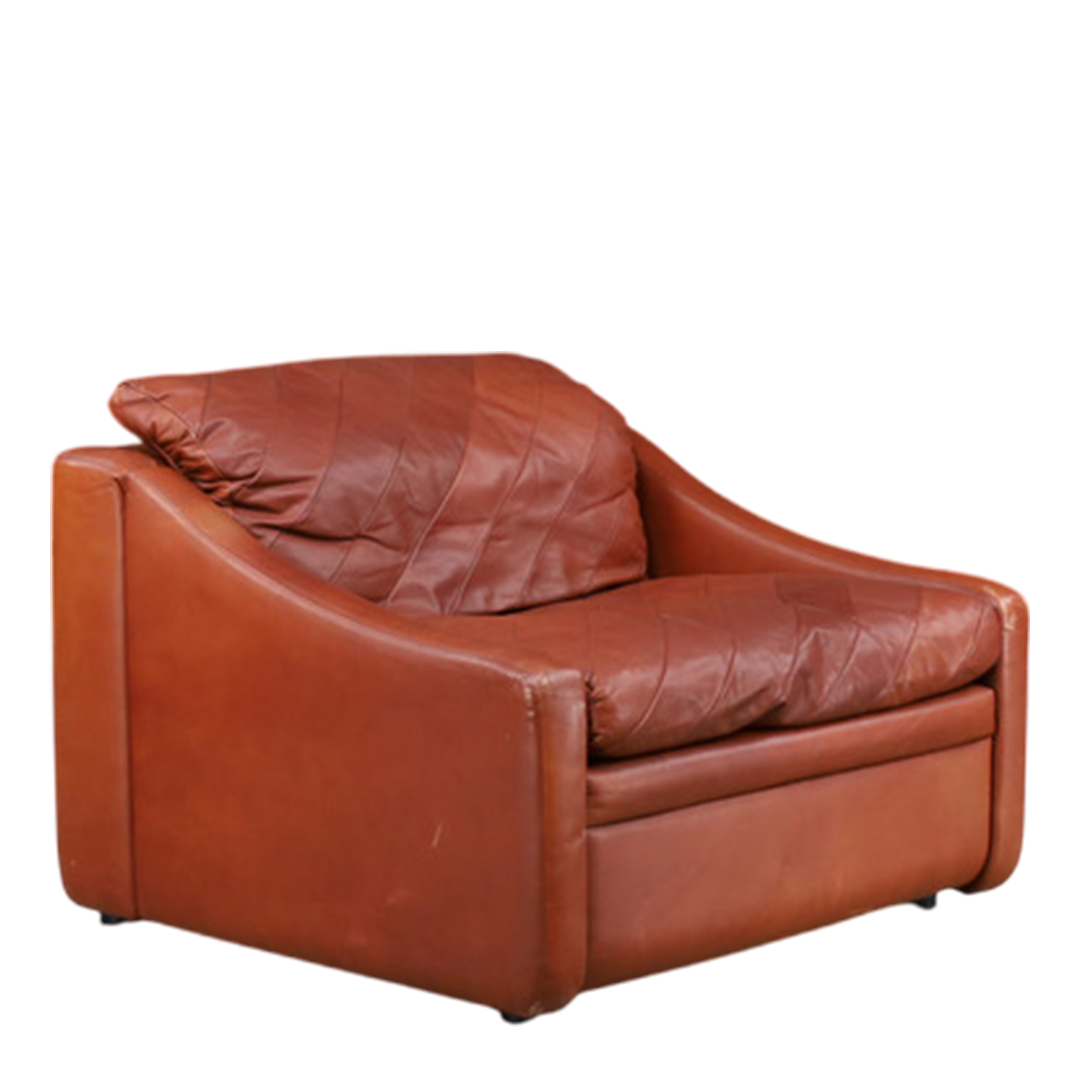 1970s German : leather club chair w/patchwork seating