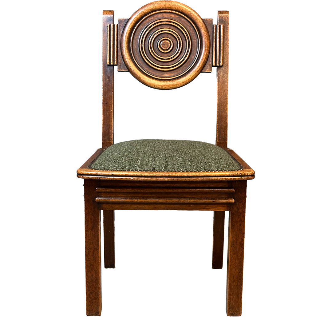 1938 Étienne Kohlmann : set six attributed oak medallion dining chairs