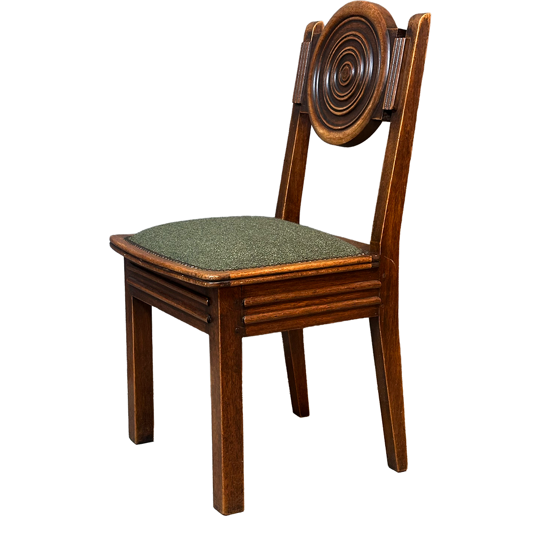 1938 Étienne Kohlmann : set six attributed oak medallion dining chairs