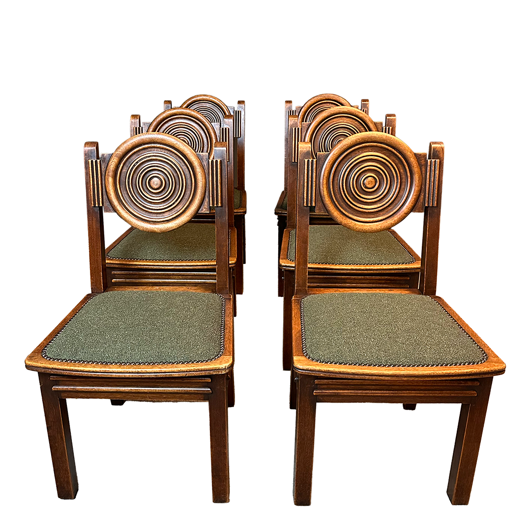 1938 Étienne Kohlmann : set six attributed oak medallion dining chairs