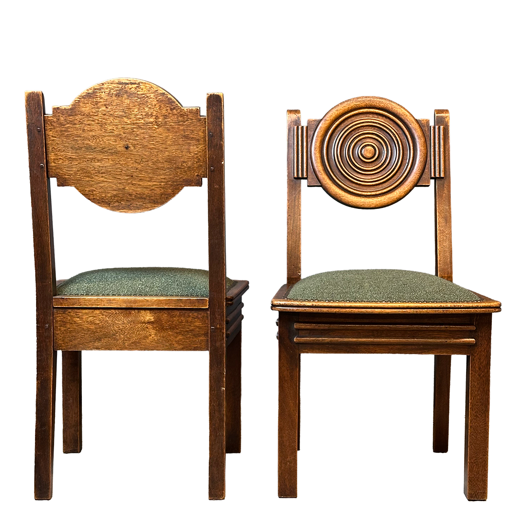 1938 Étienne Kohlmann : set six attributed oak medallion dining chairs