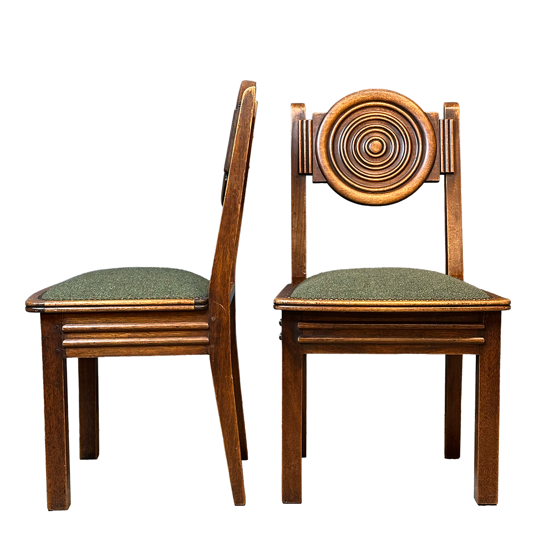 1938 Étienne Kohlmann : set six attributed oak medallion dining chairs