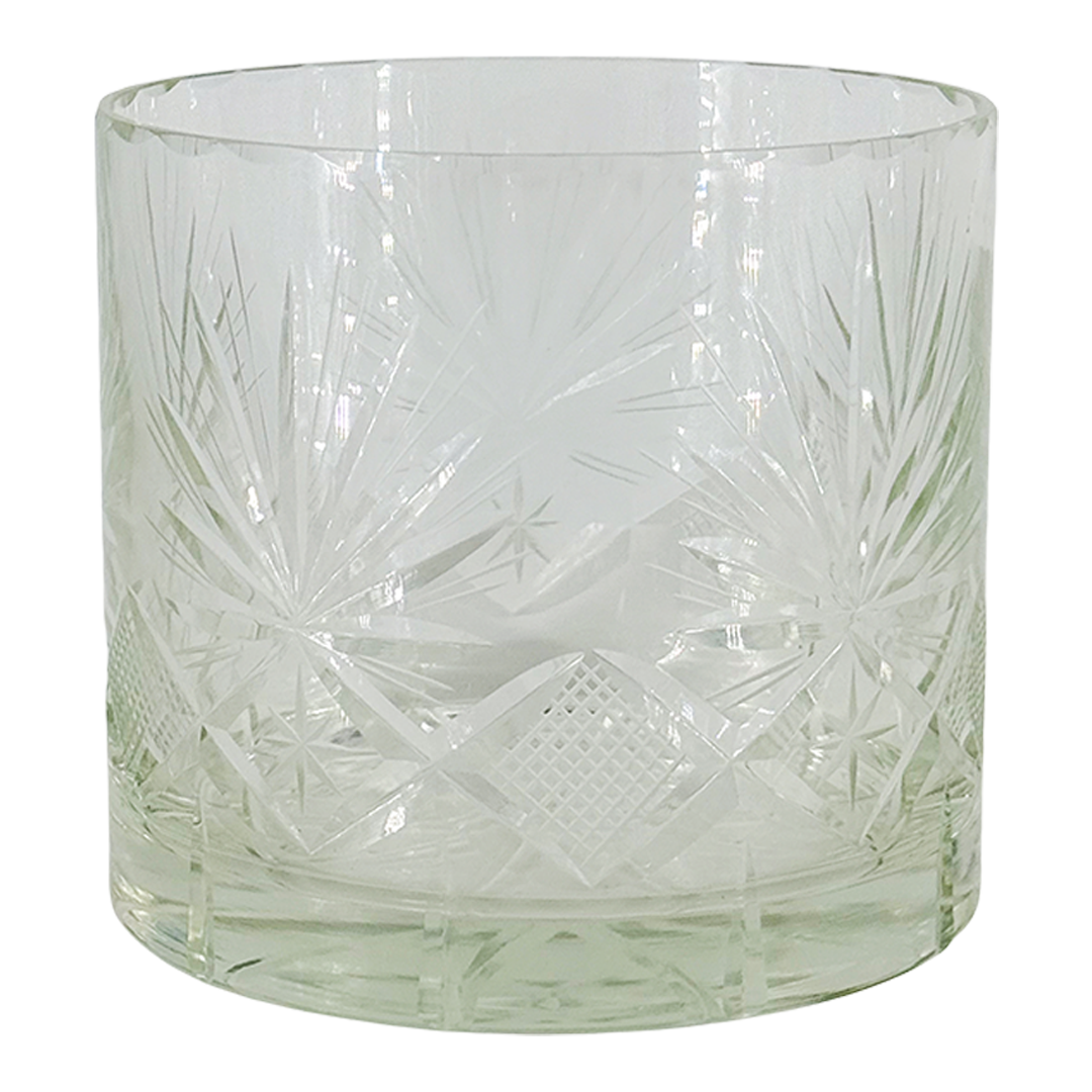 1970s European : set four cut glass whiskey tumblers w/matching ice bucket