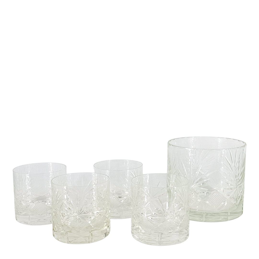 1970s European : set four cut glass whiskey tumblers w/matching ice bucket