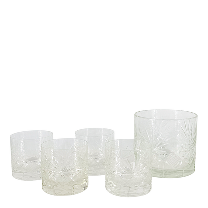 1970s European : set four cut glass whiskey tumblers w/matching ice bucket