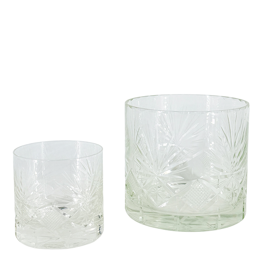 1970s European : set four cut glass whiskey tumblers w/matching ice bucket