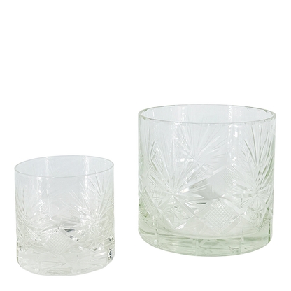 1970s European : set four cut glass whiskey tumblers w/matching ice bucket