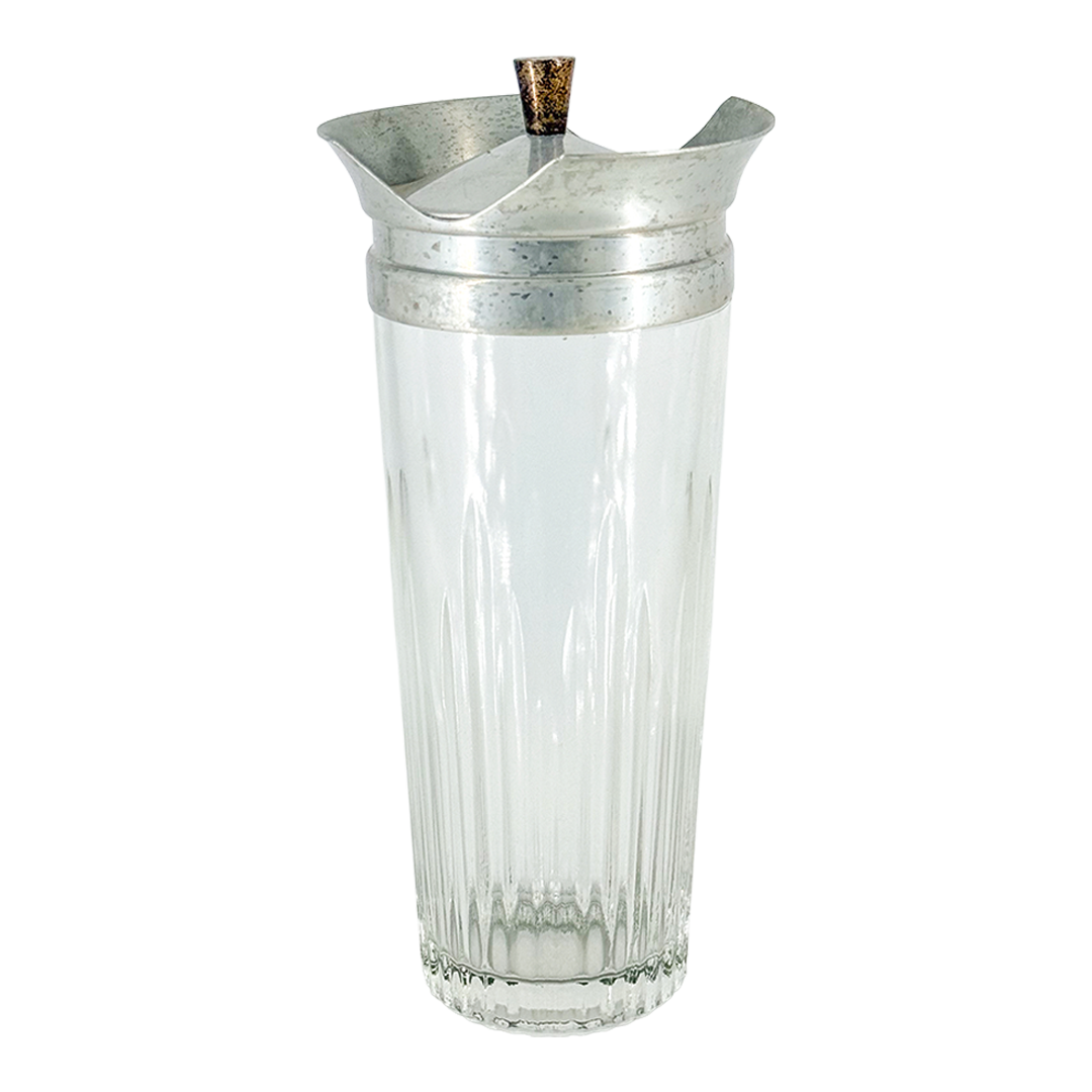 Late 1930s American : fluted glass cocktail shaker with aluminum collar