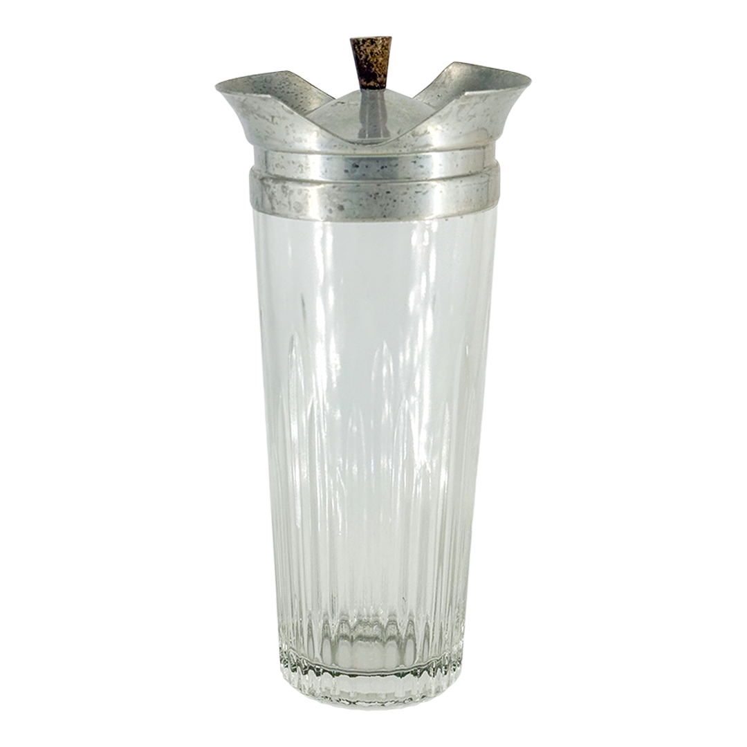Late 1930s American : fluted glass cocktail shaker with aluminum collar