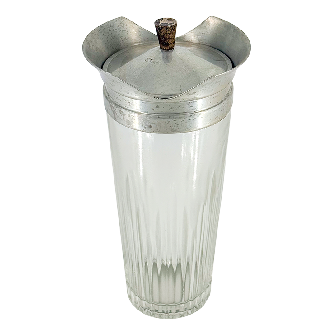 Late 1930s American : fluted glass cocktail shaker with aluminum collar
