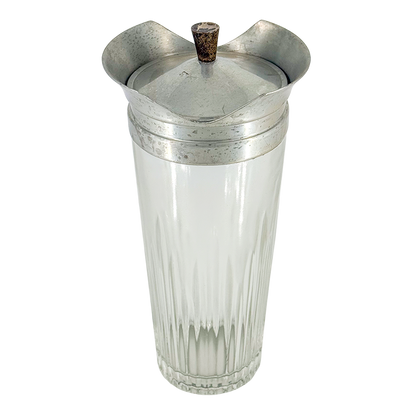 Late 1930s American : fluted glass cocktail shaker with aluminum collar