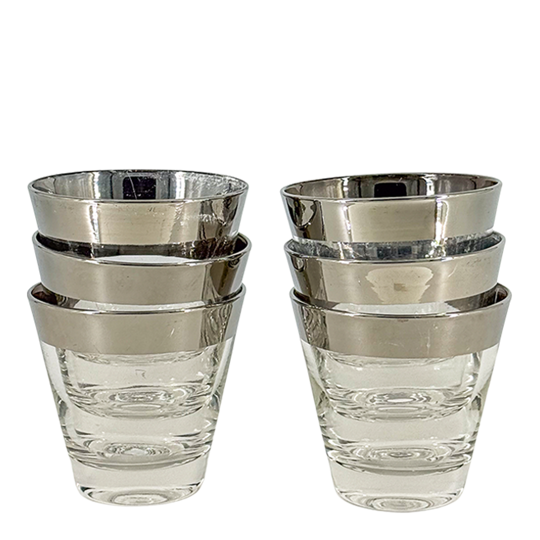 1960s American : set six silver banded tapered whiskey tumbler