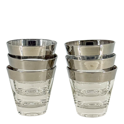 1960s American : set six silver banded tapered whiskey tumbler