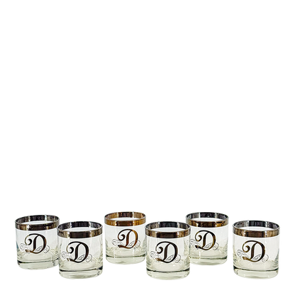1960s American : set six silver monogram "D" old fashioned glasses