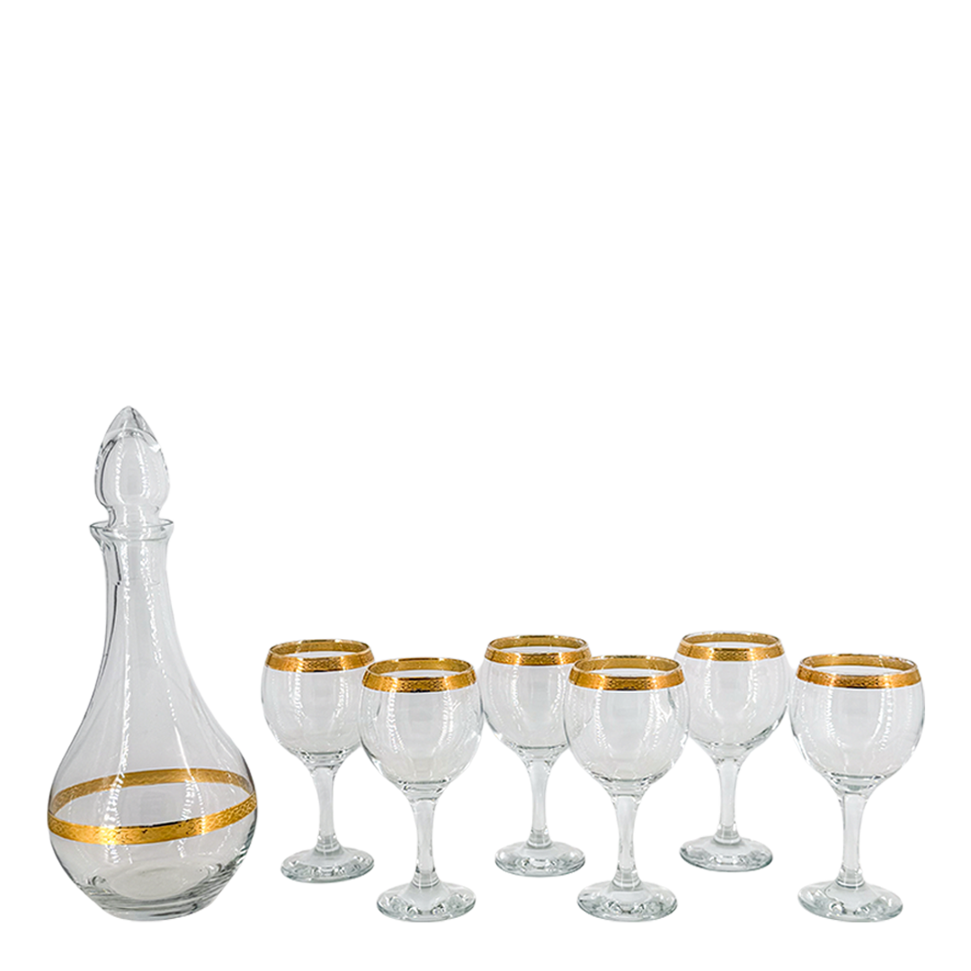 Mid-century European : gold banded decanter + cordial/aperitif set