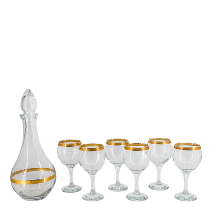 Mid-century European : gold banded decanter + cordial/aperitif set