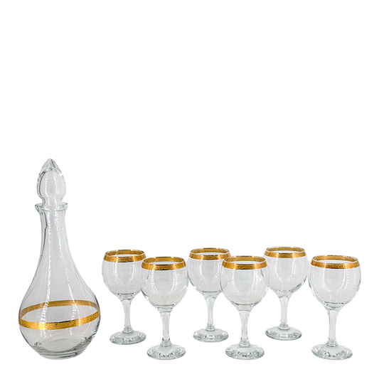 Mid-century European : gold banded decanter + cordial/aperitif set