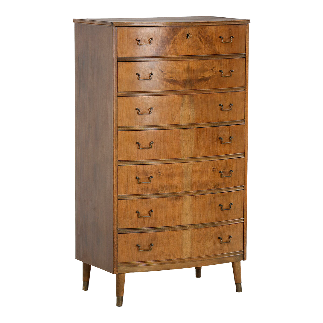 1950s Swedish : eight-drawer bowed 50" chest of drawers in nut wood