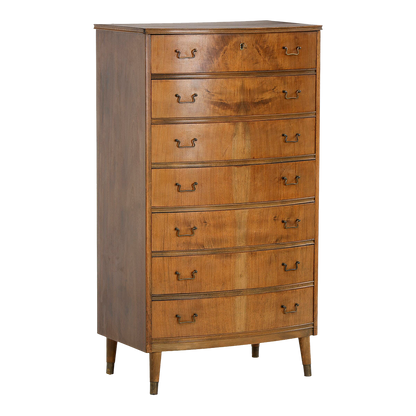 1950s Swedish : eight-drawer bowed 50" chest of drawers in nut wood