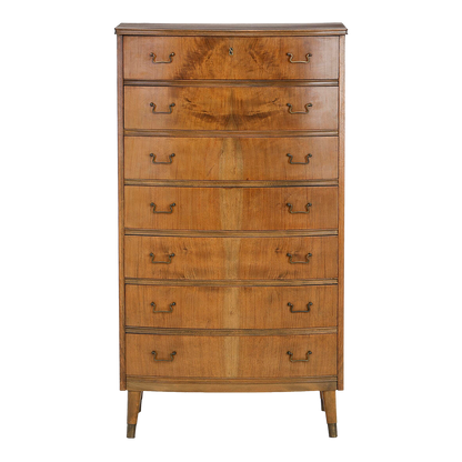 1950s Swedish : eight-drawer bowed 50" chest of drawers in nut wood