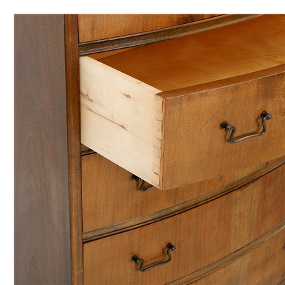 1950s Swedish : eight-drawer bowed 50" chest of drawers in nut wood