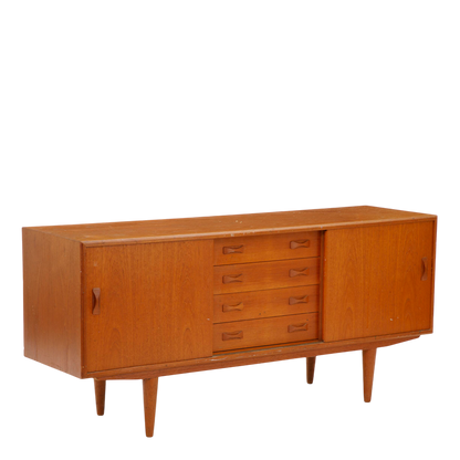 1960s Clausen & Søn : teakwood 63" credenza with bowtie drawer pulls
