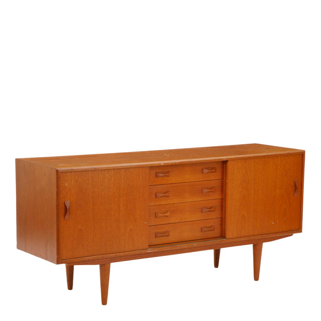 1960s Clausen & Søn : teakwood 63" credenza with bowtie drawer pulls