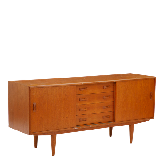 1960s Clausen & Søn : teakwood 63" credenza with bowtie drawer pulls